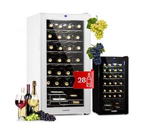 Klarstein Shiraz Cave a Vin, Réfrigérateur à Vin à une Zone, Cave à Vin de Vieillissement, Prosecco et Bière, Ecran Tactile, Réfrigérateur de Bar, Frigo Interieur/Exterieur, 5-18°C, 28 Bouteilles