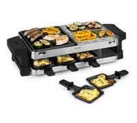 Klarstein Sirloin - Raclette gril 1500W, Pour 8 personnes, Plaque de gril en pierre naturelle, Appareil à Raclette 8 poêlons à raclette antiadhésifs, Gril en aluminium, Thermostat réglable, Argent