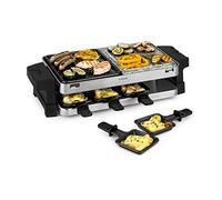 Klarstein Sirloin - Raclette gril 1500W, Pour 8 personnes, Plaque de gril en pierre naturelle, Appareil à Raclette 8 poêlons à raclette antiadhésifs, Gril en aluminium, Thermostat réglable, Argent