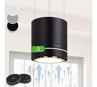 Klarstein Tron Ambience Hotte Ilot - Hotte Aspirante Suspendue, Cuisine Ilot Lustre, 521 m3/h, Recyclage avec Filtre a Charbon Actif, Montage au Plafond, 3 Vitesses, LED, O 38 cm, Noir
