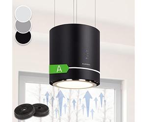 Klarstein Tron Ambience Hotte Ilot - Hotte Aspirante Suspendue, Cuisine Ilot Lustre, 521 m3/h, Recyclage avec Filtre a Charbon Actif, Montage au Plafond, 3 Vitesses, LED, O 38 cm, Noir