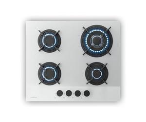 Klarstein Velaire Plaque de Cuisson Gaz 60cm - 4 Brûleurs 8000W, Verre, Allumage Électrique, Sécurité Anti-Flamme, GPL & Gaz Naturel, Kit Tuyau & Régulateur, Plaque Gaz Cuisine, Blanc