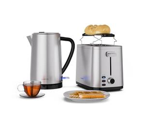 Klarstein Verosteel Essentiel Set Petit-Déjeuner - Acier Inox, Grille-Pain 2 Fentes 7 Niveaux, Plateau Ramasse-Miettes, Support à Petits Pains, Bouilloire Électrique 1,7L Filtre Anti-Calcaire