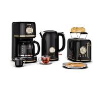 Klarstein Victoria Set Petit-Déjeuner Complet - Grille-Pain 2 Fentes 7 Niveaux, Bouilloire Électrique 1,7L, Cafetière Filtre 12 Tasses, Design Rétro, Support à Petits Pains, Noir