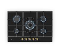 Klarstein Victoria - Table de cuisson gaz, encastrable, brûleur Sabaf, gaz naturel/propane, soupapes de sécurité, arrêt automatique, supports en fonte, verre céramique look rétro, 5 brûleurs, noir