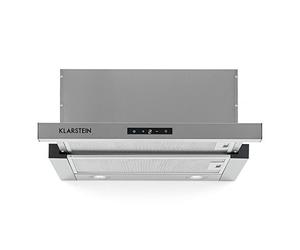 KLARSTEIN Vinea - Hotte tiroir, Hotte casquette, Extra plate, Extractible, 610 m3/h, Eclairage halogène, Fonction extraction, 2 filtres à graisses, Matériel de montage fourni - Argent