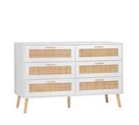 KLAST Commode Tahiti à 6 Tiroirs en Bois Blanc et en Rotin Naturel pour la Chambre, Rangement Élégant et Fonctionnel, Design Accueillant et Contemporain
