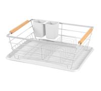 Klauss Égouttoir à Vaisselle en Acier Inoxydable Blanc avec poignées en Bois avec bac d'égouttement - Égouttoir à Vaisselle à Une étape avec Porte-Couverts - Organisation des Trous