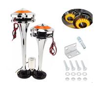 Klaxon à Air 2 Trompes Chrome Lumineux 12-24V 120dB Klaxon Double Ton avec Éclairage LED Orange pour Camion Bateau Fourgon Voiture