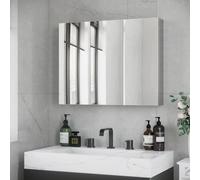 kleankin Armoire à miroir, Armoire de salle de bain, 3 portes en miroir, 5 étagères intérieures, Acier inoxydable, Couleur: Argent, 70 x 12 x 55 cm