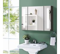 Kleankin Armoire avec Miroir de Salle de Bain MDF avec 3 Armoires, 3 Étagères et Lumière LED, 90x15x65 cm, Noir