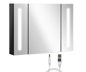 kleankin Armoire de Salle de Bain à LED avec Miroir, Fixation Murale, intensité Variable, 3 Portes Miroir et étagères réglables, Fonction mémoire, Charge USB, Noir Brillant
