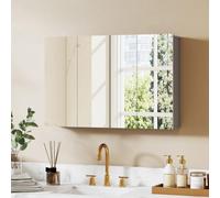kleankin Armoire de salle de bain avec miroir, 3 portes à fermeture douce, étagères réglables, armoire murale suspendue pour salle de bain, gris, 90 x 15 x 60 cm