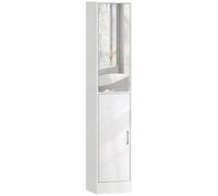 kleankin Armoire de Salle de Bain Haute avec Miroir Brillant Blanc | Armoire de rangement de salle de bain, unité au sol, étagère réglable