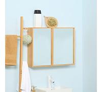 kleankin Armoire Murale de Salle de Bain Placard de Rangement Toilettes avec miroirs et 2 Portes 3 Niveaux en Bambou 65,2 x 14 x 50 cm