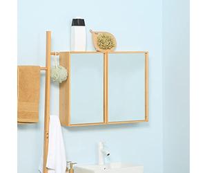 kleankin Armoire Murale de Salle de Bain Placard de Rangement Toilettes avec miroirs et 2 Portes 3 Niveaux en Bambou 65,2 x 14 x 50 cm