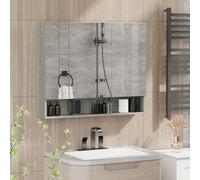 kleankin Armoire murale salle de bain avec miroir, armoire de toilette 3 portes miroir, étagères réglables, 90x15x75cm, gris