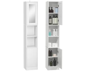 kleankin Armoire Salle de Bain Haute, Meuble de Rangement Colonne avec Miroir, 2 Portes, Compartiments Ouverts, étagères réglables, Meuble étroit pour Toilette, Petits espaces, 30x28x170cm, Blanc