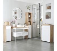 Kleankin Colonne Rangement Salle de Bain Blanche et Chêne avec Niches, Tiroir et Placard | Aosom France
