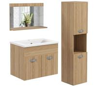 kleankin Ensemble de Meubles de Salle de Bain 4 pièces, Montage Mural, avec Miroir, Meuble sous Vasque, lavabo en céramique et Armoire Colonne Haute, étagères réglables, Style Moderne, Bois Naturel