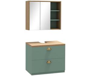 kleankin Ensemble de Meubles de Salle de Bain Armoire Miroir Vert | Meuble Sous Lavabo Suspendu, Étagères Réglables, 2 Tiroirs, Design Scandinave