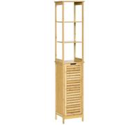 Kleankin Meuble colonne salle de bain 34×30×173 cm porte à lattes 3 étagères bambou