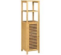 kleankin Meuble Colonne Salle de Bain en Bambou, Armoire de Salle de Bain Haute avec 2 étagères Ouvertes et Placard, Meuble de Rangement pour Salon, WC, 32,9 x 29,9 x 120 cm, Bois Naturel