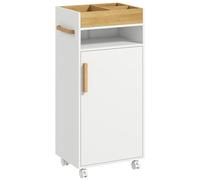 kleankin Meuble de Salle de Bain sur roulettes Meuble de Rangement 2 étagères réglables avec Plateau Amovible Niche et Placard 1 Porte 40 x 30 x 88 cm Blanc Naturel
