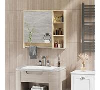 kleankin Meuble Salle de Bain avec Miroir, Miroir Salle de Bain avec Rangement, Armoire Toilettes Murale, 3 niches, Porte-Serviettes, Placard, étagère Ajustable, 80x15x70 cm Effet Bois Naturel