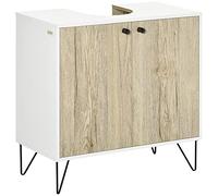kleankin Meuble sous lavabo, Meuble de Salle de Bain avec 2 Portes et étagères, Pieds en Acier, Armoire de Salle de Bains sous lavabo, Style Moderne, 60 x 30 x 60 cm, Blanc et Bois Naturel