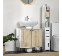 kleankin Meuble sous lavabo, meuble de salle de bain avec 2 portes, pieds en acier, 60 x 30 x 60 cm, blanc et bois naturel