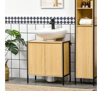 kleankin Meuble sous vasque moderne piètement en métal double porte en panneaux de particules - 60 x 30 x 62,5 cm - noir et couleur bois Description:Optimisez l'espace dans votre salle de bain n'a jam