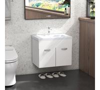 Kleankin Meuble Suspendu de Salle de Bain avec Lavabo, Armoire à 2 Portes avec Charnières Amorties, 61x40x50cm, Blanc Brillant