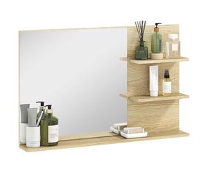 kleankin Miroir de Salle de Bain Moderne avec 2 étagères latérales et Une étagère inférieure, Miroir Mural en MDF et Verre, 75x10x48 cm, Couleur Bois