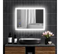 kleankin Miroir Mural Lumineux LED de Salle de Bain 80 x 60 cm Transparent | Avec 3 Couleurs, Luminosité Réglable, Interrupteur Tactile, Système Antibuée