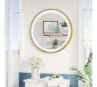 kleankin Miroir Rond Lumineux LED pour Salle de Bain 60 cm avec Affichage de l'heure, Interrupteur Tactile, Fonction mémoire, 3 Couleurs de température, Miroir Mural, doré