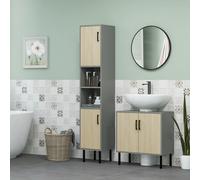 kleankin Mobile Salle de Bain sous-lavabo avec Double Porte et Étagère en Mélaminé, 60x30x60 cm, Gris et Chêne