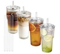 Kleemeiero 4 PCS Verre à Eau avec Couvercle et Paille Verres à Café Glacé Tasse Smoothie avec Couvercle Tasse Smoothie Verre, 4 Couvercles, 4 Pailles, 2 Pinceaux à Paille et 1 Pinceau Éponge