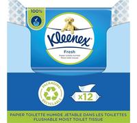 KLEENEX Fresh - Papier Toilette Humide (12 paquets de 42 feuilles) - jetable dans les toilettes - 100% fibres naturelles - sans plastique - sans parfum - sans alcool