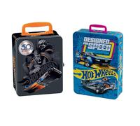 klein 2881 Mallette de Collection Hot Wheels, en métal, Rangement Jusqu’à 50 Voitures, Compartiments Pratiques, Jouet pour Enfants à partir de 3 Ans Noir/Orange ou Bleu / Rose ( Modèle Aléatoire)