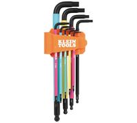 KLEIN TOOLS BLS9M Jeu de 9 clés Allen métriques extra-longues à tête sphérique, 1,5 à 10 mm | Code couleur | Angle jusqu’à 25° | Acier traité et trempé | Support pliable