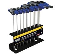 KLEIN TOOLS JTH68M Jeu de 8 clés Allen métriques en T Journeyman, 2, 2,5, 3, 4, 5, 6, 8 et 10 mm | Lames double embout de 15,2 cm | Poignées bimatière | Acier traité antirouille | Support métallique