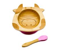 KLEINER FUCHS présente - Bol pour bébé de haute qualité en bambou naturel avec ventouse antidérapante et cuillère pour bébé assortie, également parfait en tant que set cadeau (Vache).