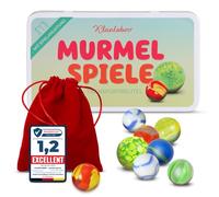 Kleintober Billes en verre de qualité supérieure - Jeu de billes dans une boîte métal - Pour enfants - Instructions et sac de transport - En partie fait main - Cadeaux