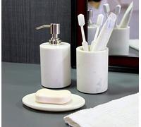 KLEO - Ensemble d'accessoires de Salle de Bain en Pierre de marbre - Comprend Un Distributeur de Savon, Un Porte-Brosse à Dents, Un Porte-Savon (Blanc - Ensemble de 3)