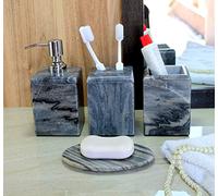 KLEO Ensemble d'accessoires de Salle de Bain en Pierre Naturelle - Distributeur de Savon, Porte-Brosse à Dents, gobelet et Porte-Savon (Gris)