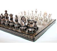 Kleo Ensemble D'échecs En Laiton Plat À La Main 31x31cm-Ensemble D'élastique Argenté Et Noir Avec Pièces D'échecs Luxueuses Et Luxueuses