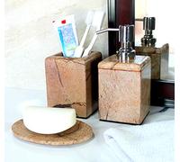 KLEO - Lot de 3 Accessoires de Salle de Bain en Pierre Naturelle Marron/Sable - Comprend Un Distributeur de Savon, Un Utilitaire et Un Porte-Savon
