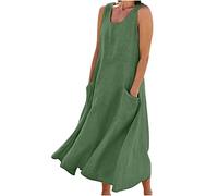 Kleoque Robe en lin pour femme - Grande taille - Sans manches - En coton et lin - Col rond - Robe d'été fluide - Robe d'été ample et surdimensionnée - Robe hawaïenne avec poches, Vert (01), L