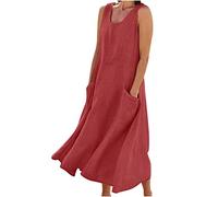 Kleoque Robe en lin pour femme - Grande taille - Sans manches - En coton et lin - Col rond - Robe d'été fluide - Robe d'été ample et surdimensionnée - Robe hawaïenne avec poches, 01 Rouge, L